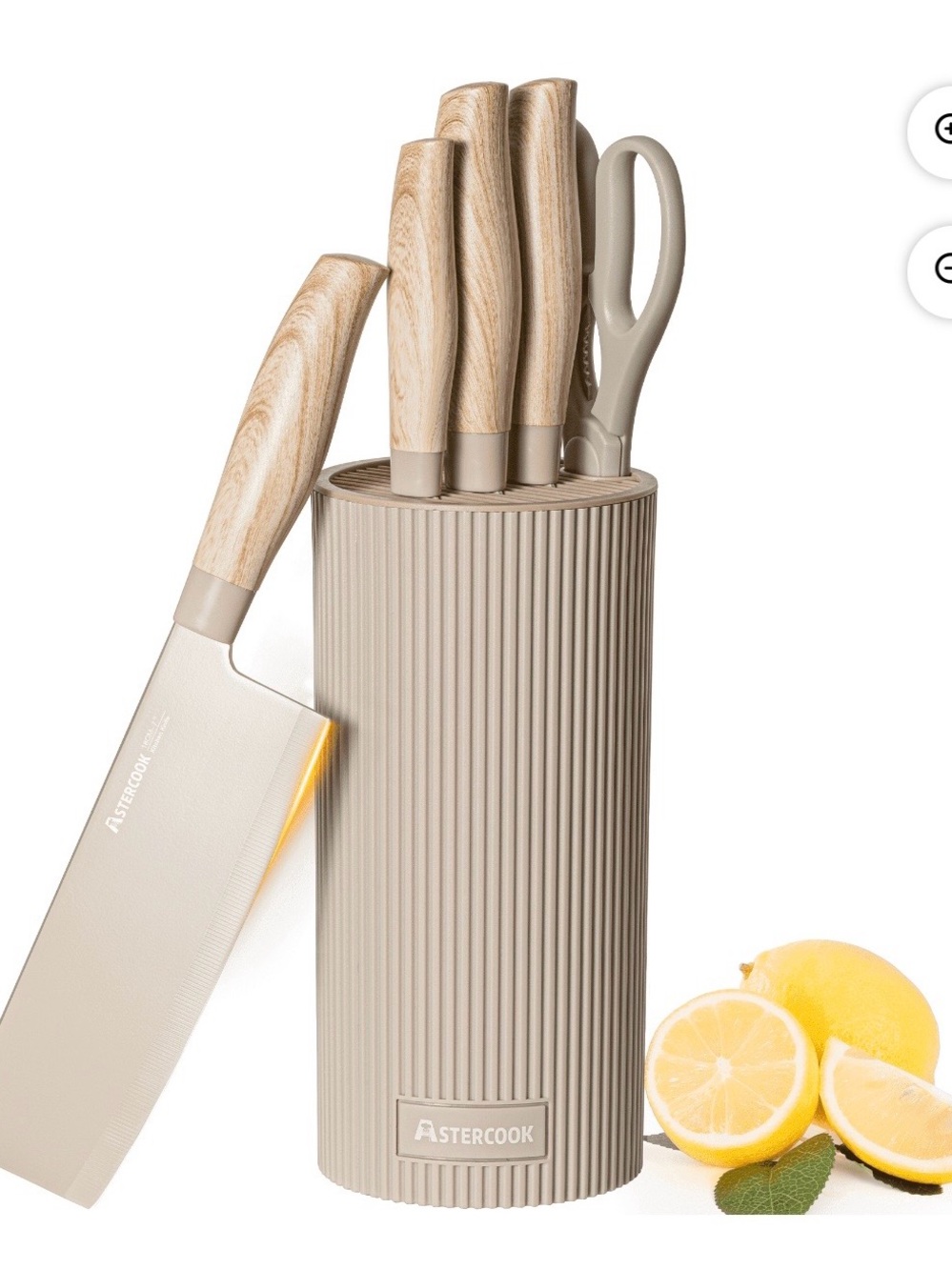6-Piece Knife Set with Beige Wood-Effect Handles and Ribbed Block